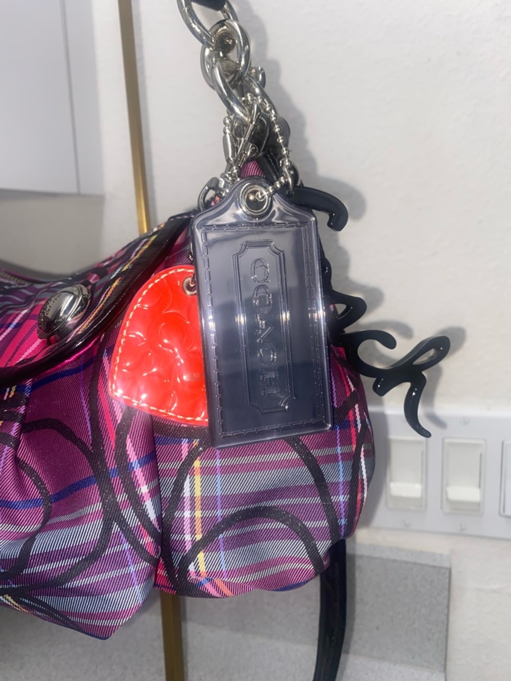 Coach Poppy Pink/Purple/Black Tartan Groovy Shoulder/Crossbody Bag EUC - Picture 9 of 15